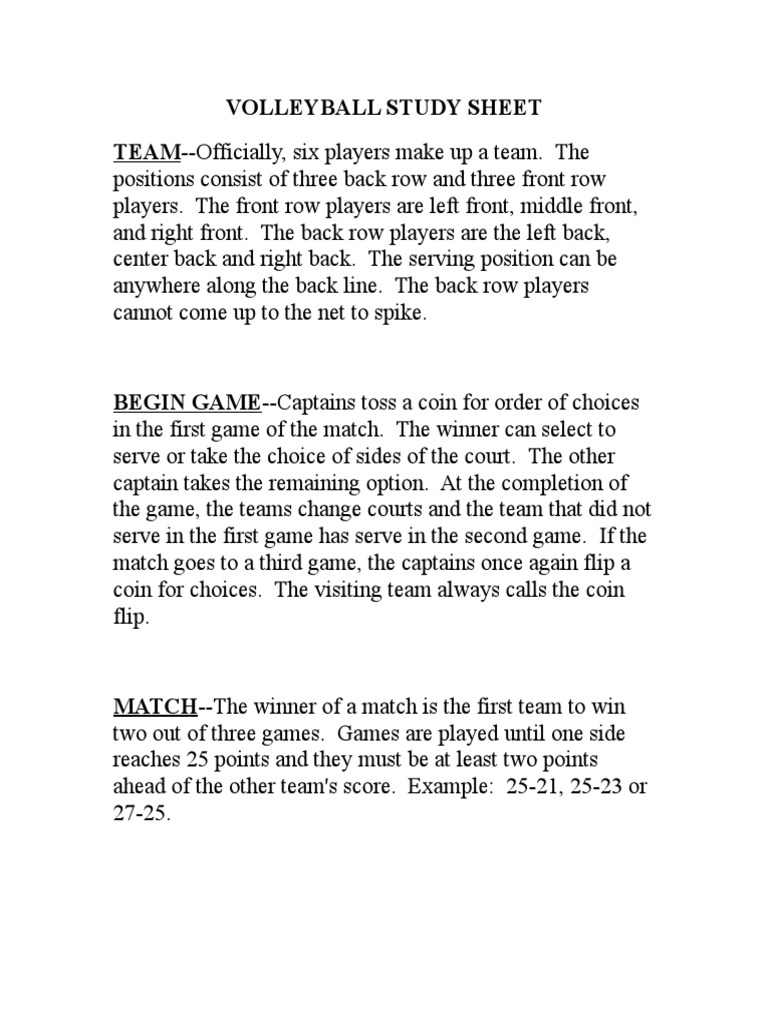 Volleyball Study Sheet PDF Volleyball Sports Rules And Regulations
