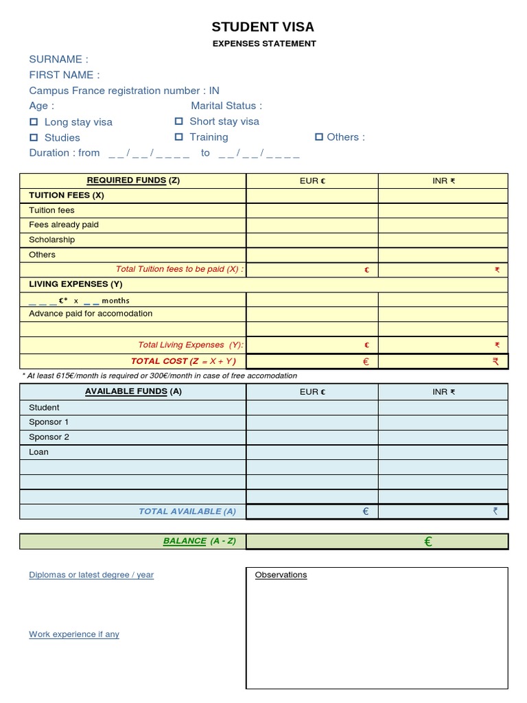 Studentsexpenses Statement Check List Travel Visa Fee