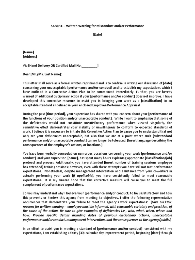 Warning Letter For Poor Work Performance In The Pany