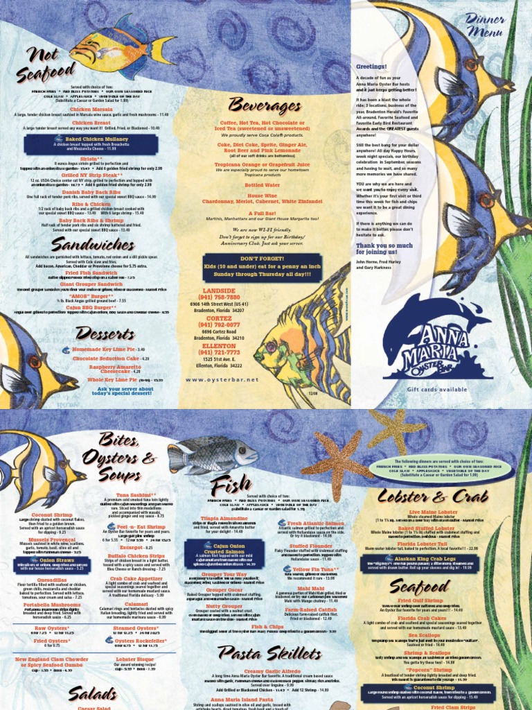 Anna Maria Oyster Bar Dinner Menu | PDF | Salad | Drink