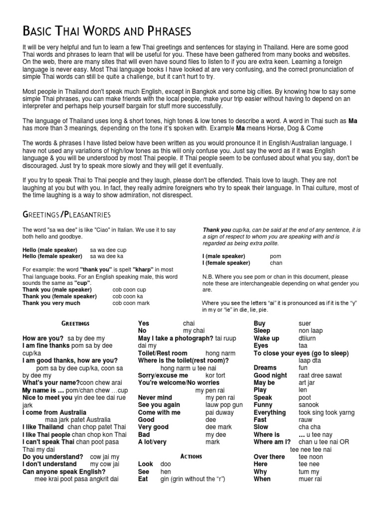 Essential Thai Words and Phrases | PDF | Thai Language | Tone (Linguistics)