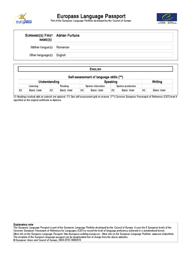 Europass Language Passport: S F Adrian Furtuna | PDF | Conversation ...