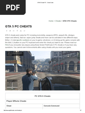 GTA 5 cheats PC PDF download link