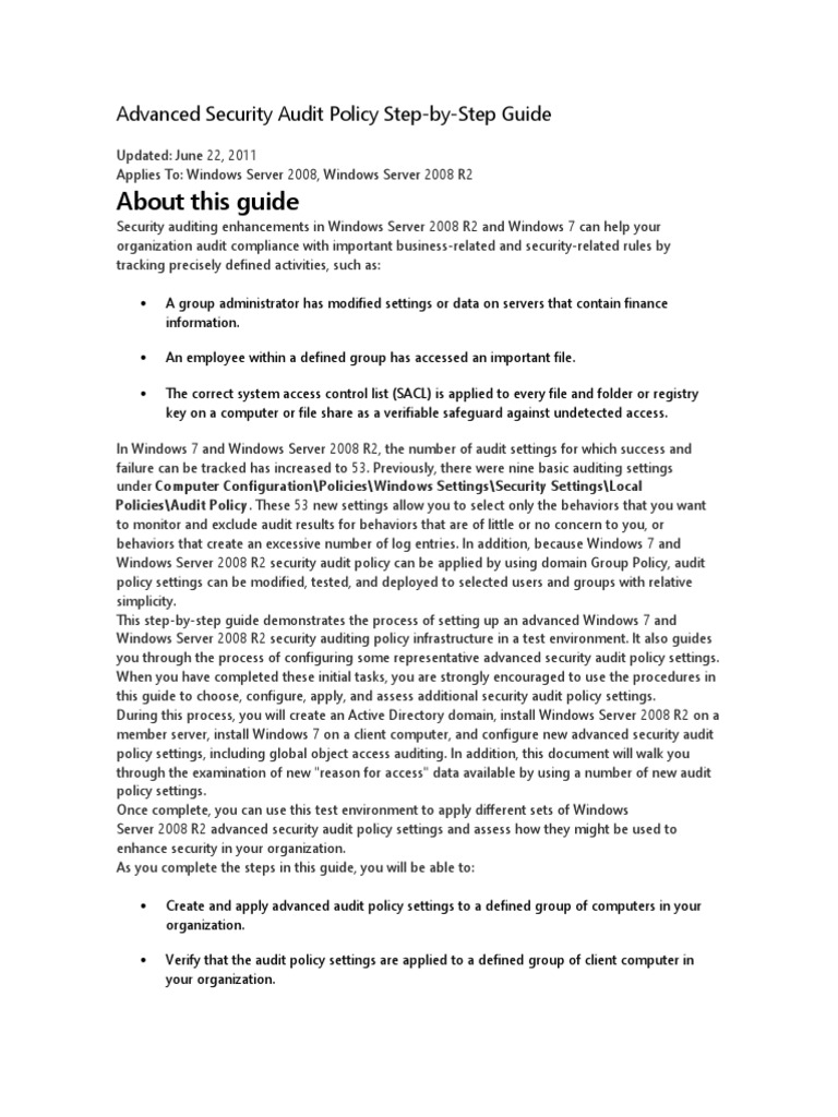 Advanced Security Audit Guide | PDF | Group Policy | Active Directory