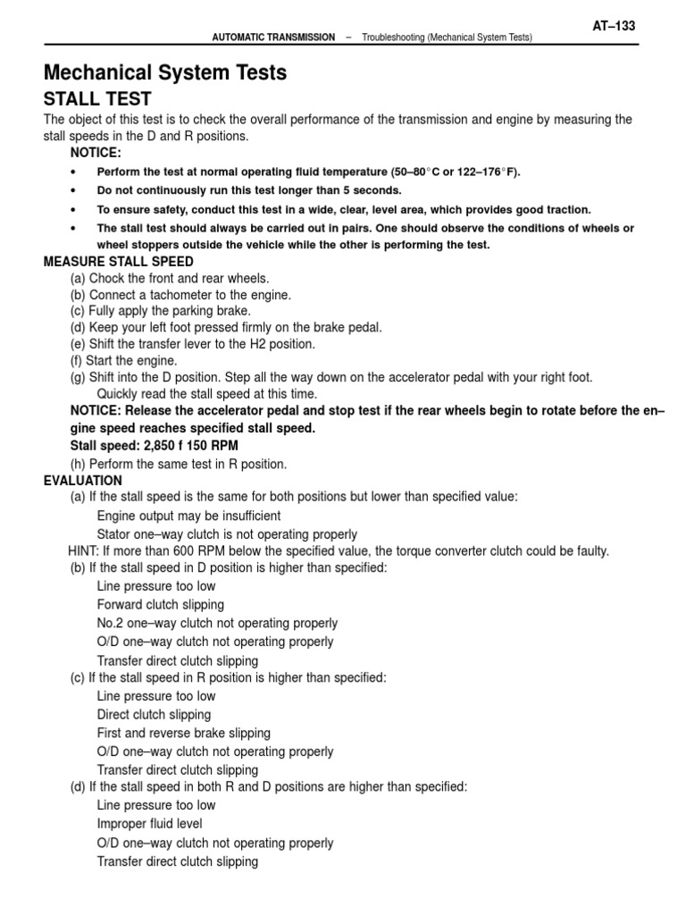 Mechanical System Tests Stall Test PDF Automatic Transmission