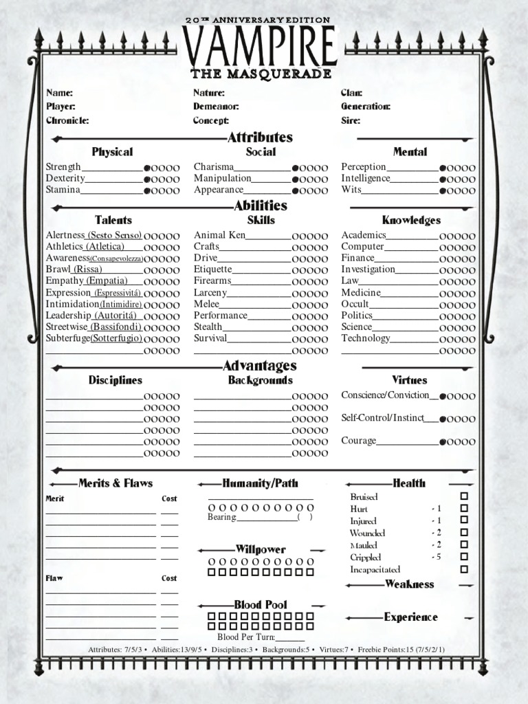 Vampire the Masquerade - 20th Anniversary Edition Character Sheet