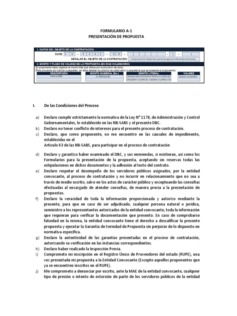 Formulario A 1 Propuesta De Contrataci n PDF Gobierno