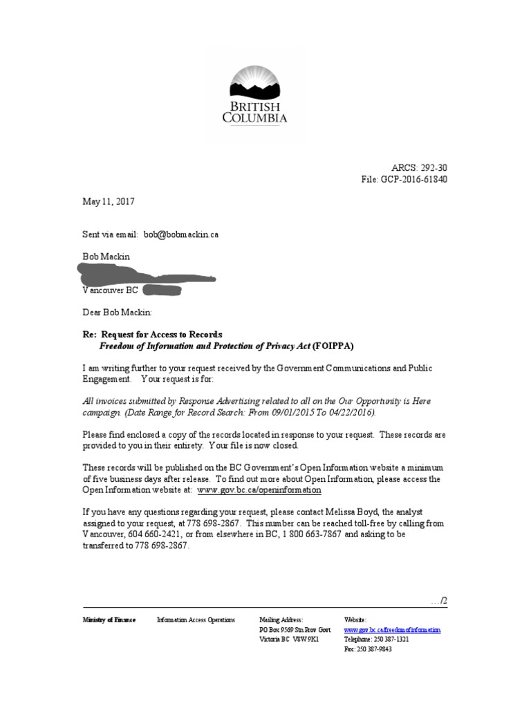 Re: Request For Access To Records: Freedom of Information and ...