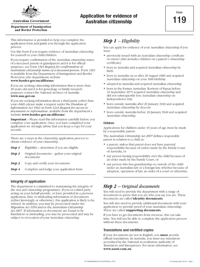 Application For Evidence of Australian Citizenship Step 1