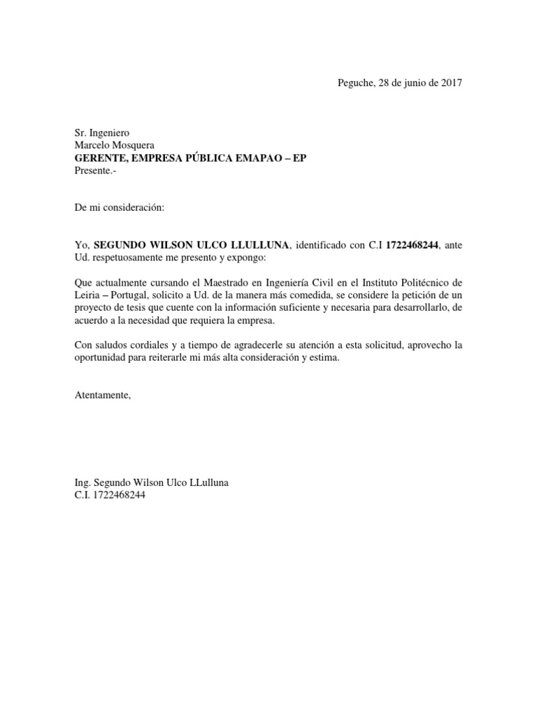 Carta Solicitud de Permiso Para Estudiantes de Termino  Ingeniería