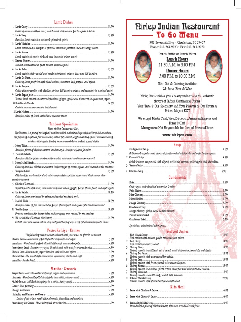 Nirlep To Go Menu PDF Curry Indian Cuisine