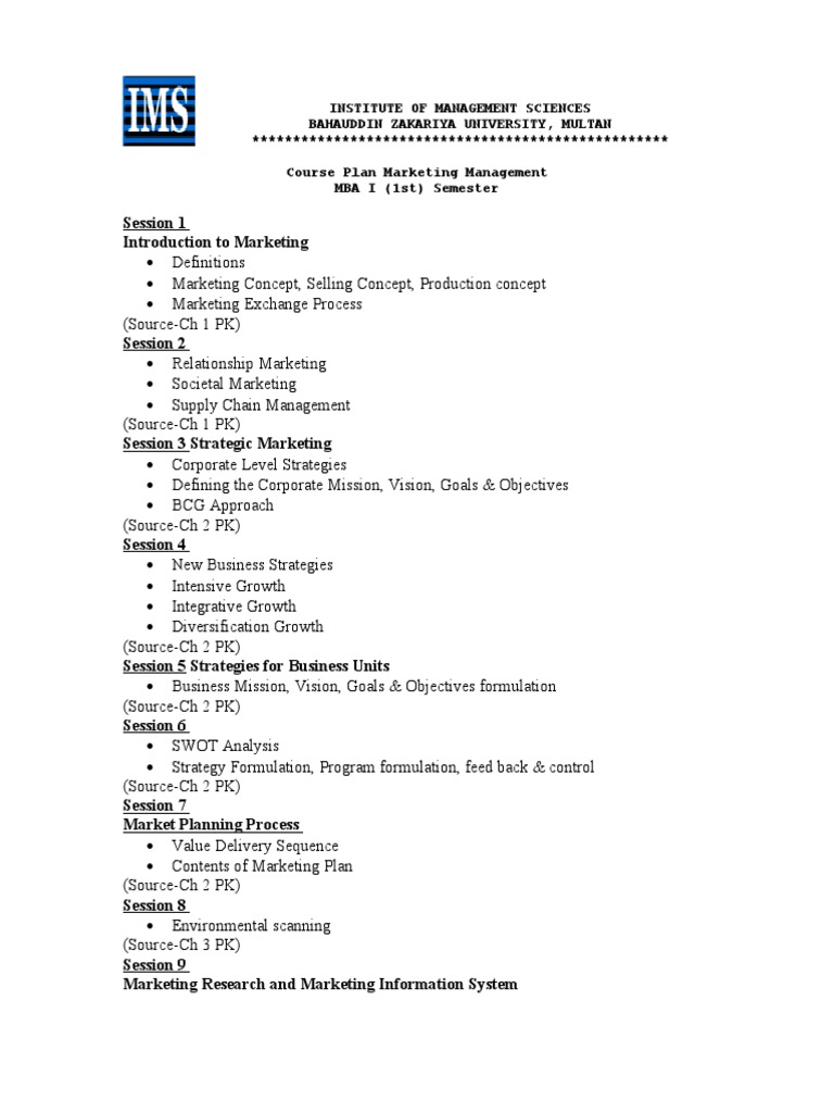 MBA Marketing Management Course Plan | PDF | Marketing | Market ...