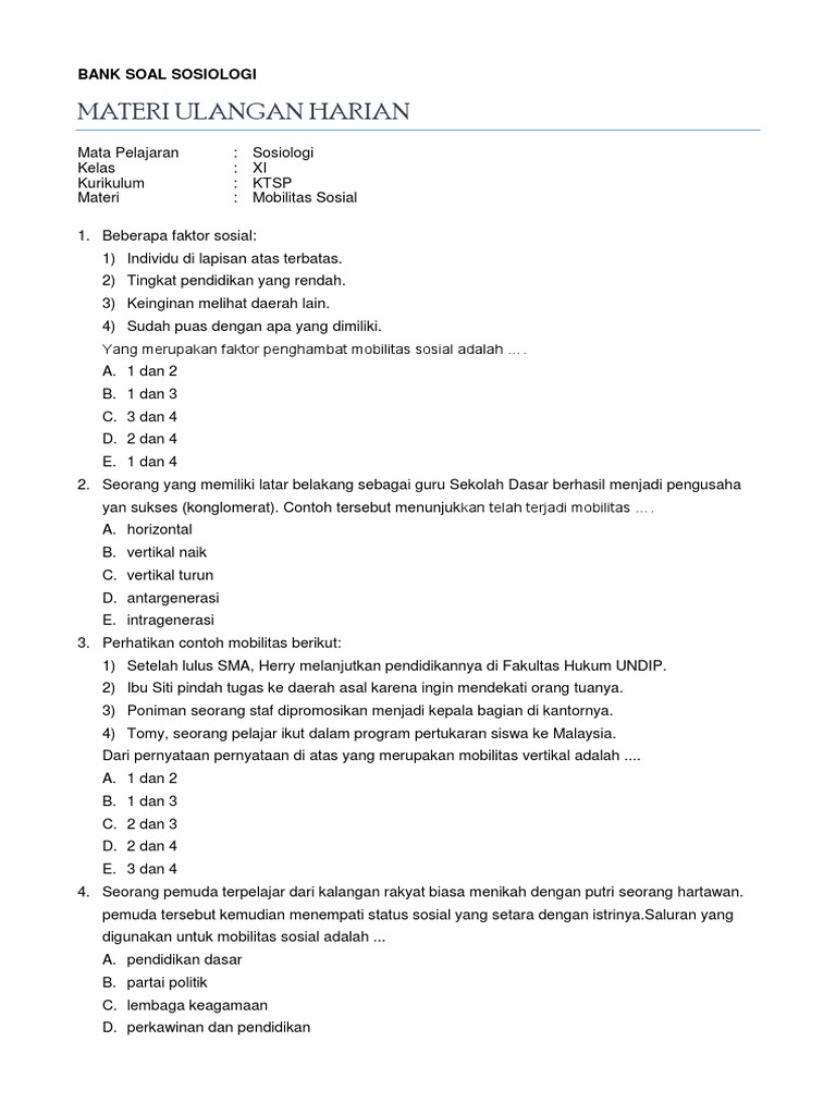 Bank Soal Ips Kelas 8 Materi Mobilitas Sosial