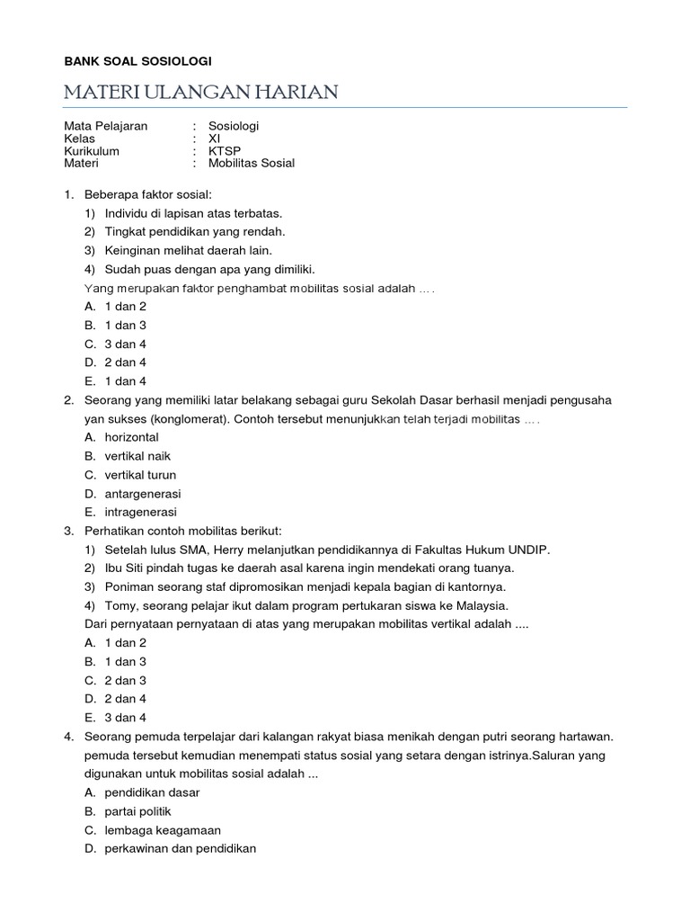 Bank Soal Sosiologi Xi Mobilitas Sosial Pdf