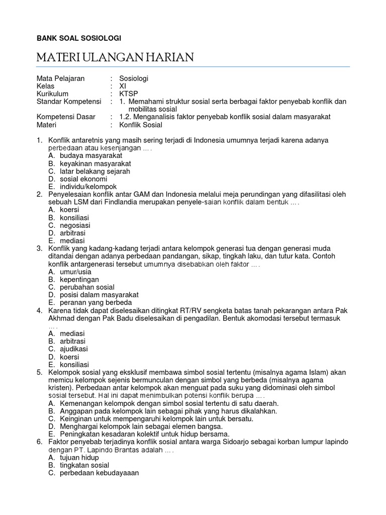Bank Soal Sosiologi Xi Konflik Sosial