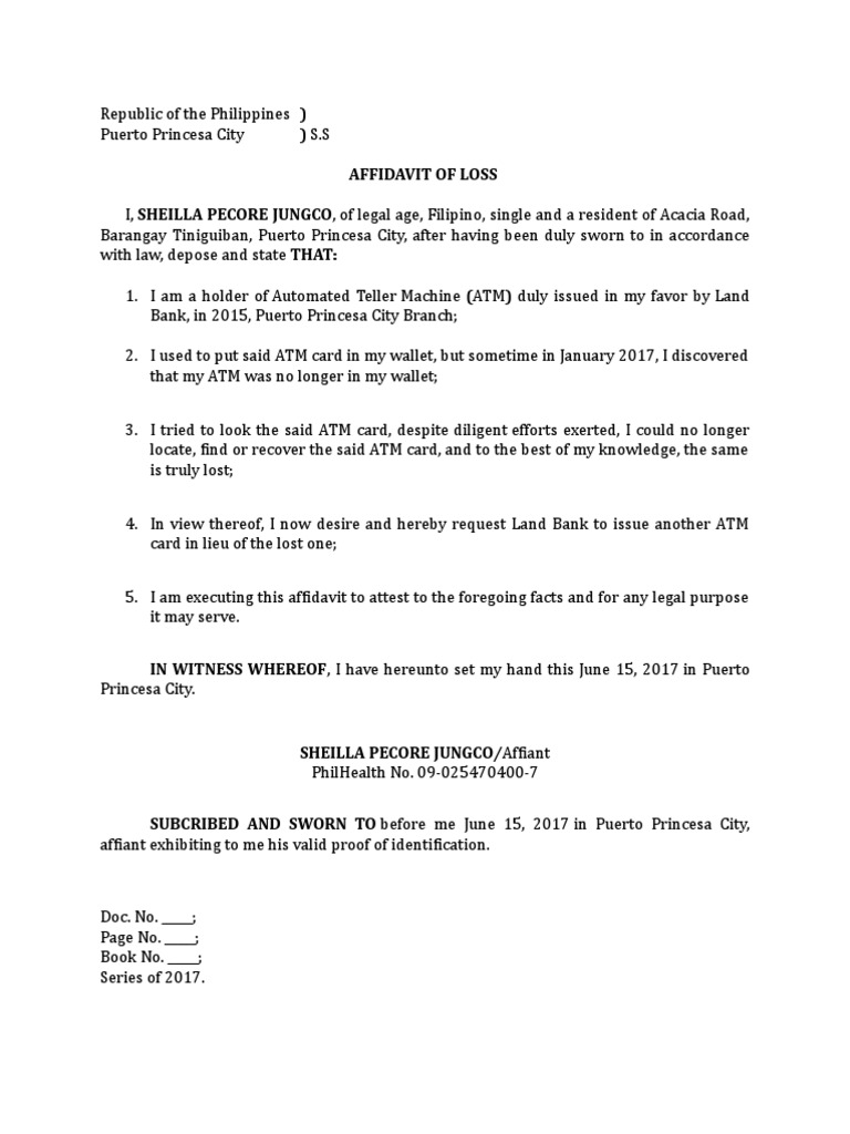 Affidavit of loss atm 