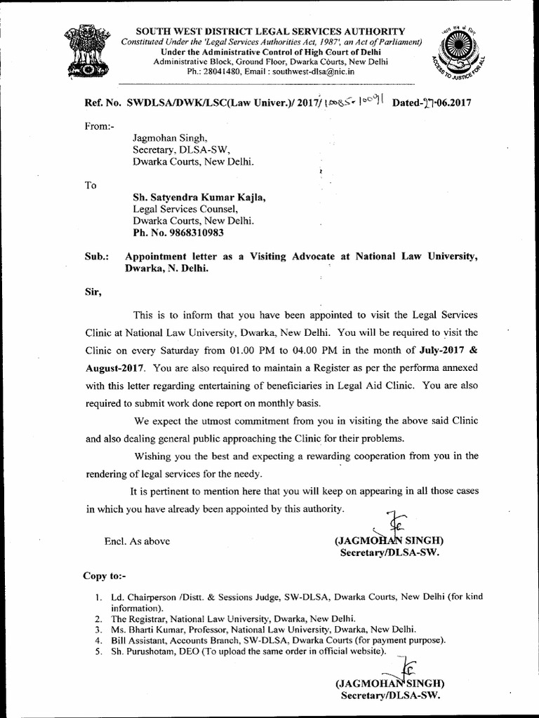 Appointment Letter as a Visiting Advocate at NLU Dwarka Advocate