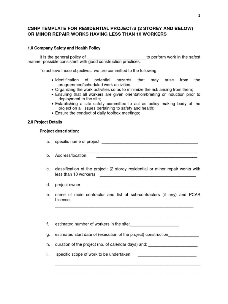 CSHP Template for Residential Projects | PDF | Personal Protective ...