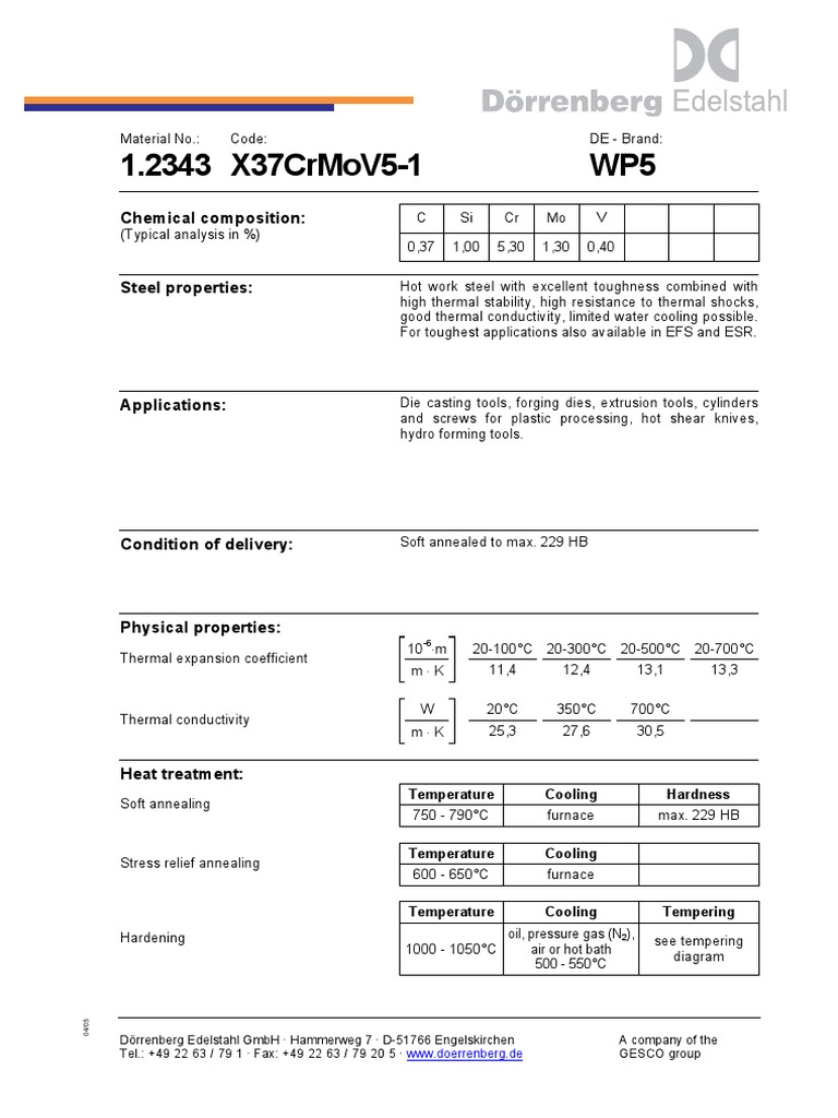 1.2343 X37CrMoV5-1 Steel Properties | PDF | Annealing (Metallurgy ...