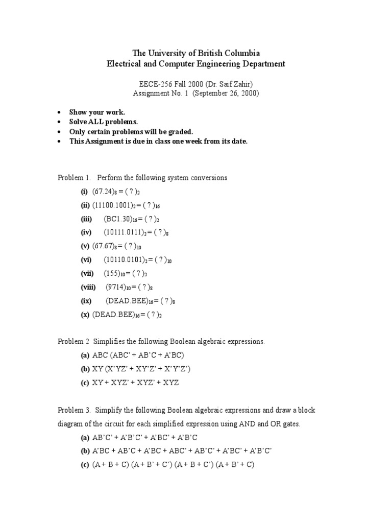 UBC EECE-256 Fall 2000 Assignment 1 | PDF | Computers