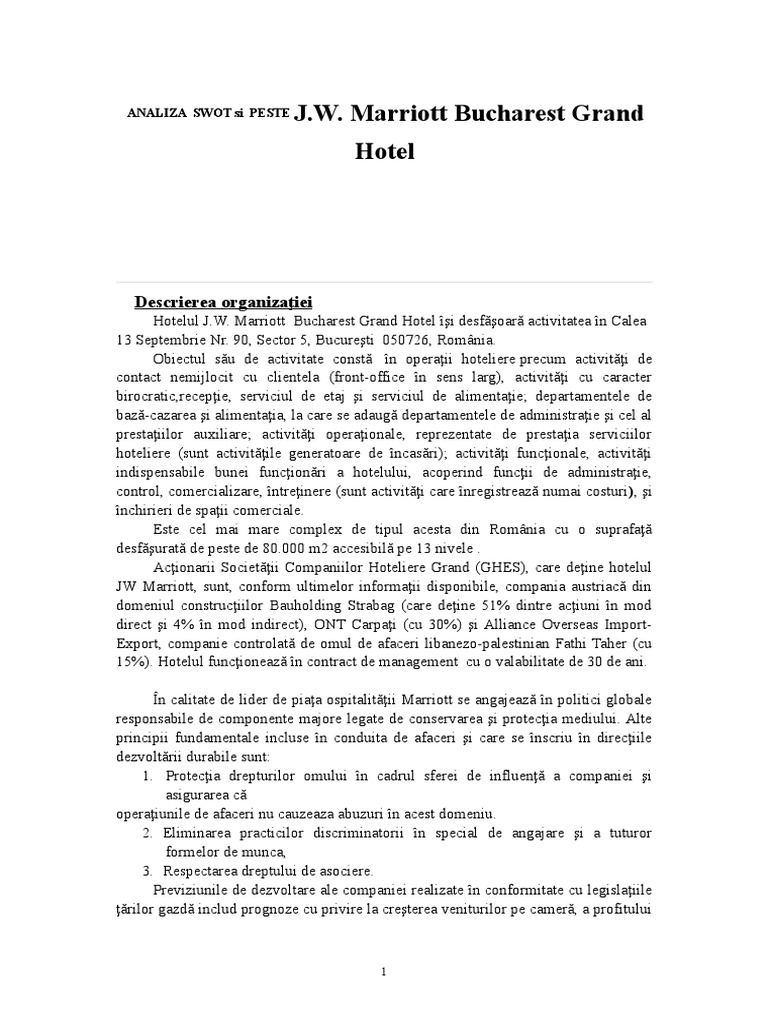 ANALIZA SWOT Si PESTE J.W. Marriott Bucharest Grand Hotel | PDF