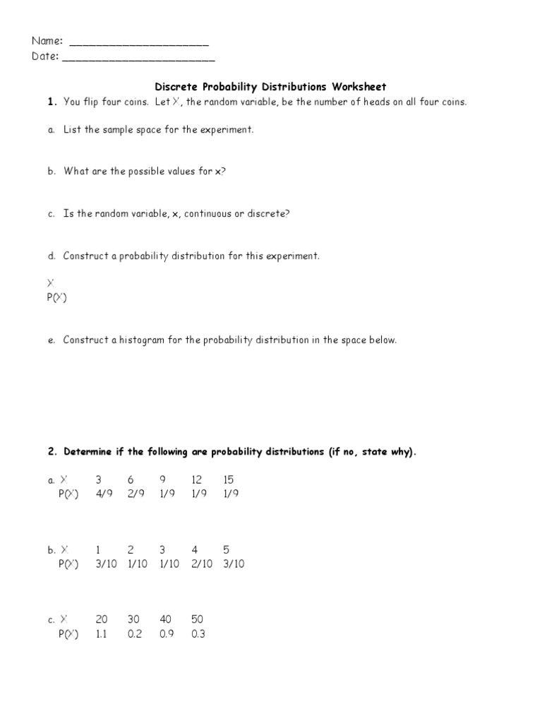 Discrete Probability Distributions Worksheet Probability Distribution Random Variable