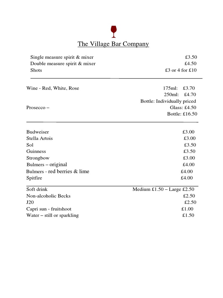 The Village Bar Menu 2017 X.X PDF
