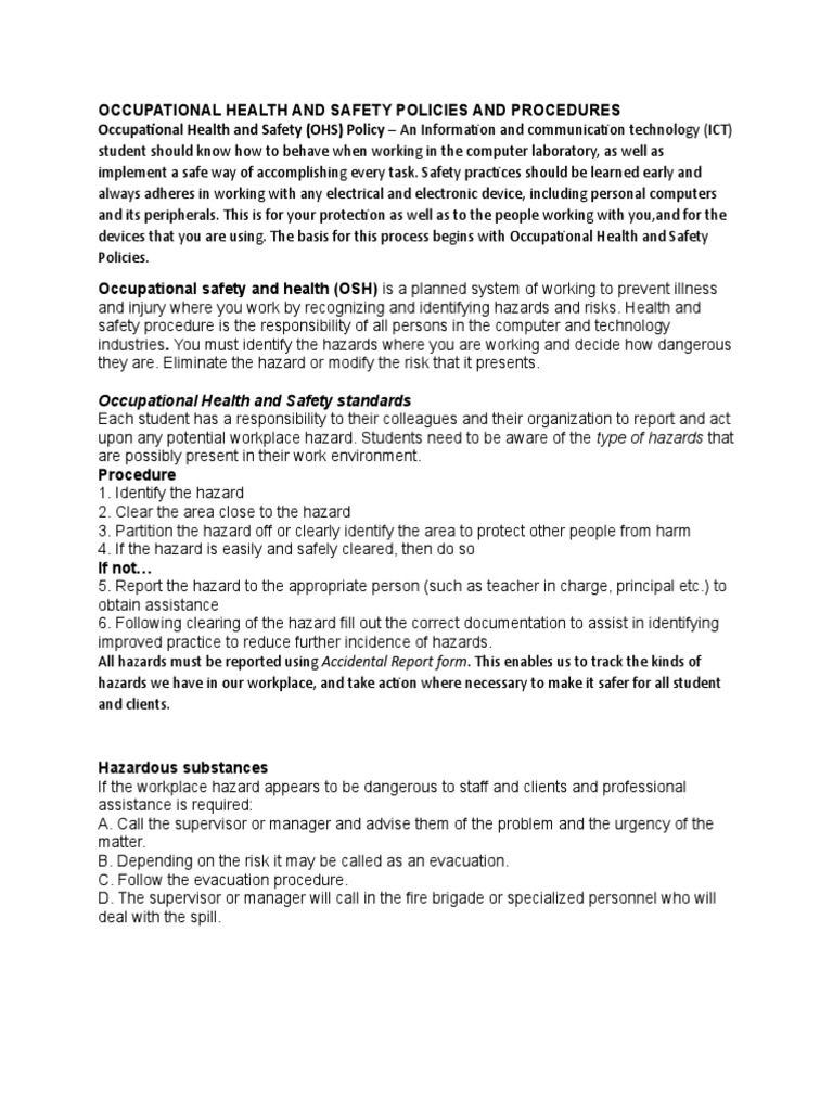 Occupational Health and Safety Policies and Procedures | PDF ...