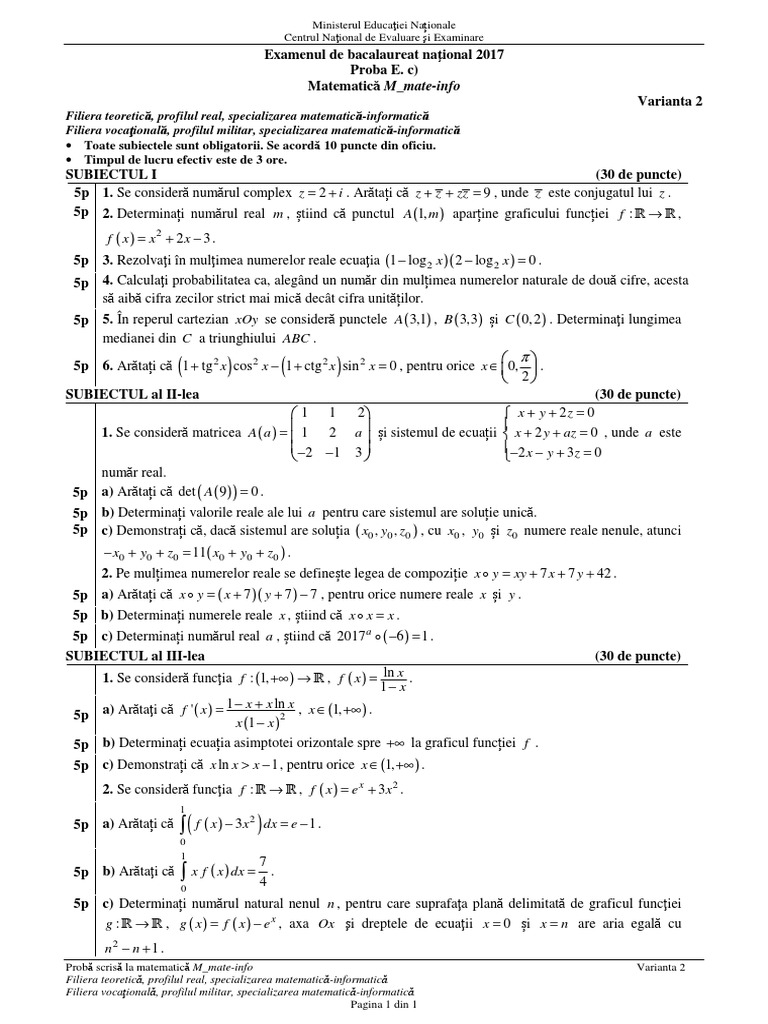 Subiecte Bacalaureat Matematică 2017 | PDF