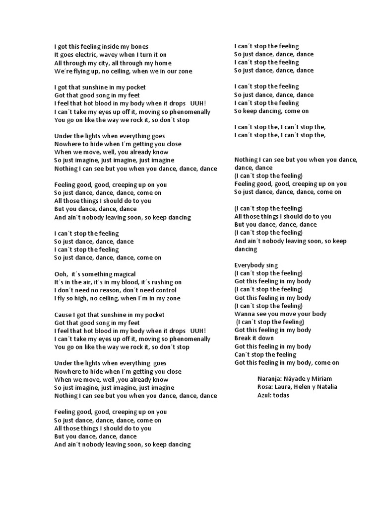 Can T Stop The Feeling (Letra) PDF Leisure