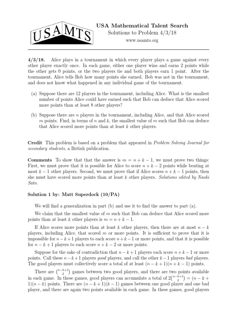 USA Mathematical Talent Search Solutions To Problem 4/3/18 | PDF ...