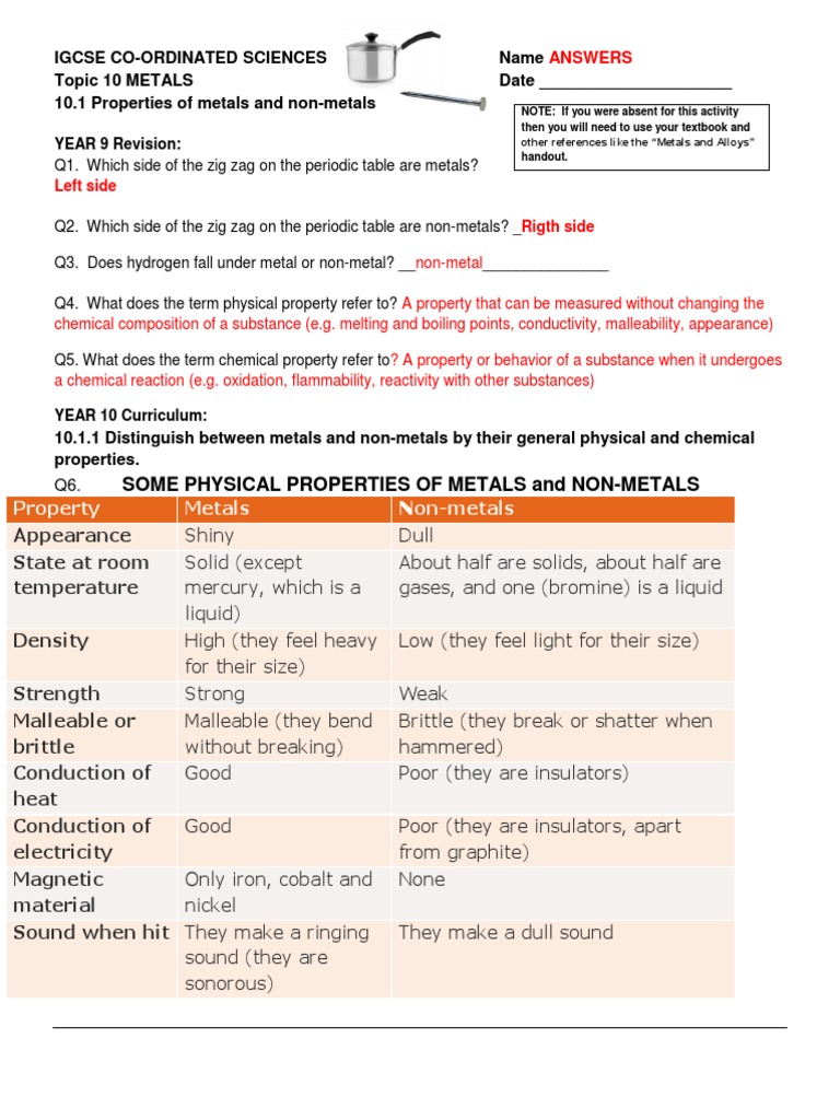 01 Answers 10.1 Properties of Metals Vs Non-Metals | PDF | Metals | Alloy
