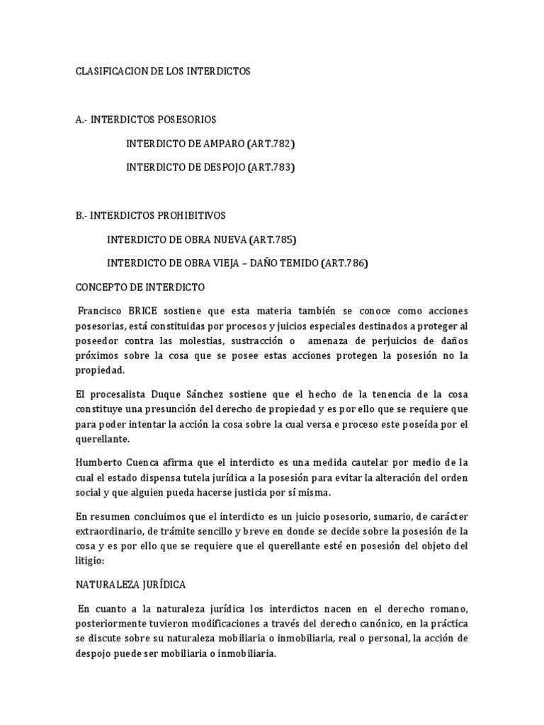 Clasificación y Procedimiento de Interdictos | PDF | Posesión (Ley ...