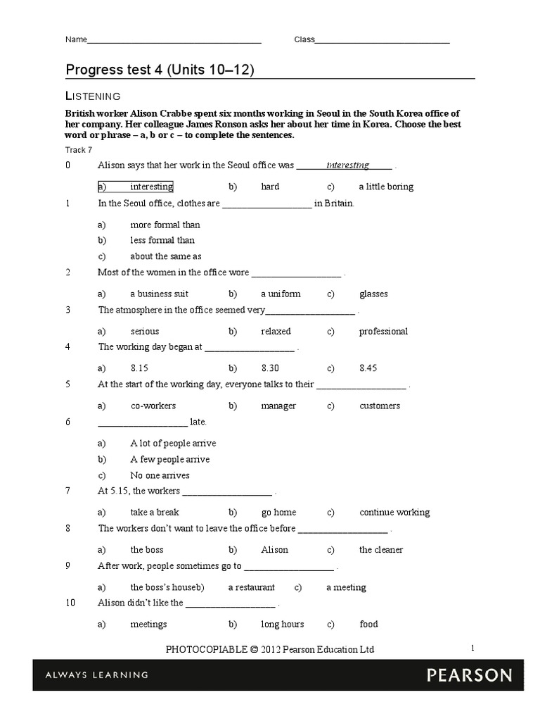Progress Test 4 | Download Free PDF | Online Chat | Email