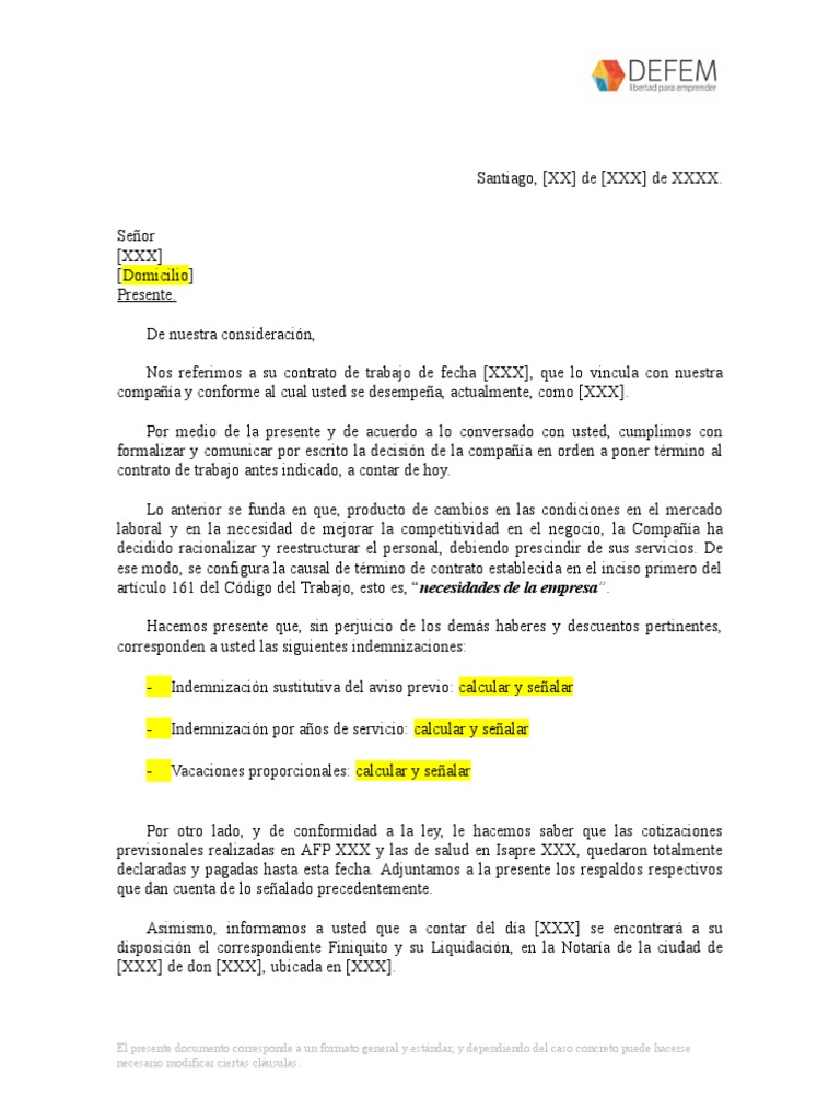 Carta de Despido Por Necesidades de La Empresa  Negocios 