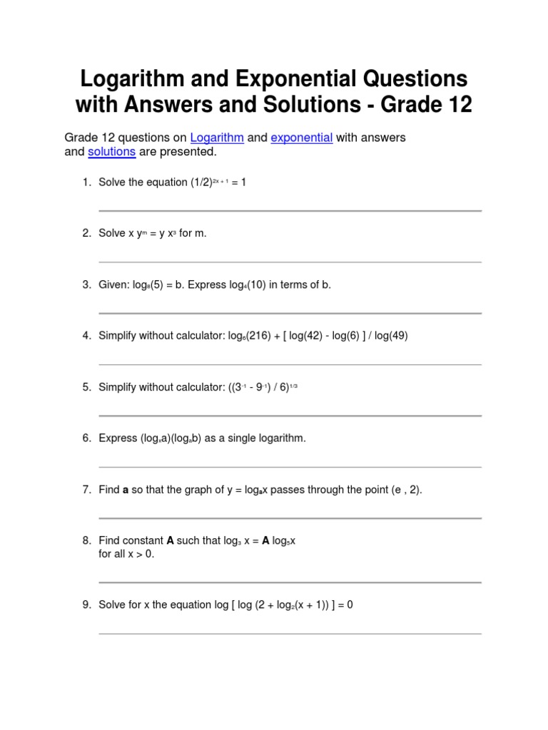 Logarithm and Exponential Questions With Answers and Solutions ...