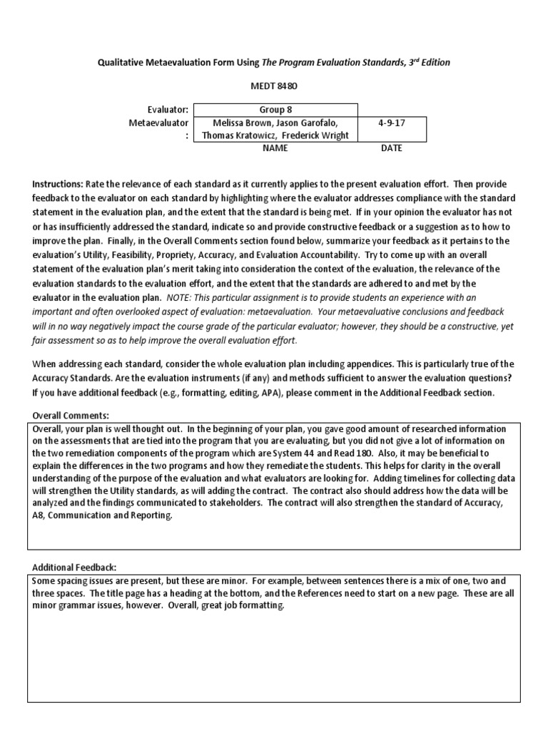Qualitative Metaevaluation Form Using The Program Evaluation Standards ...