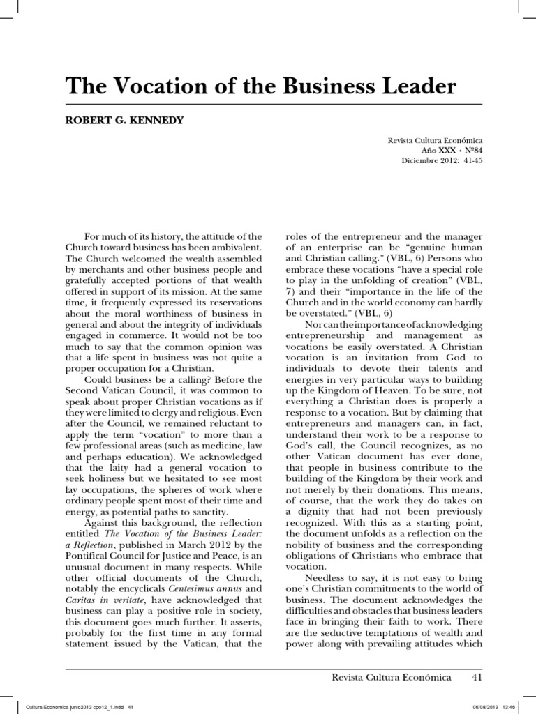 The Vocation of A Business Leader | PDF | Common Good | Employment