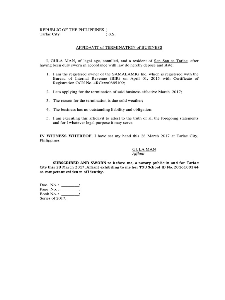 Affidavit of Closure of Business (BIR)