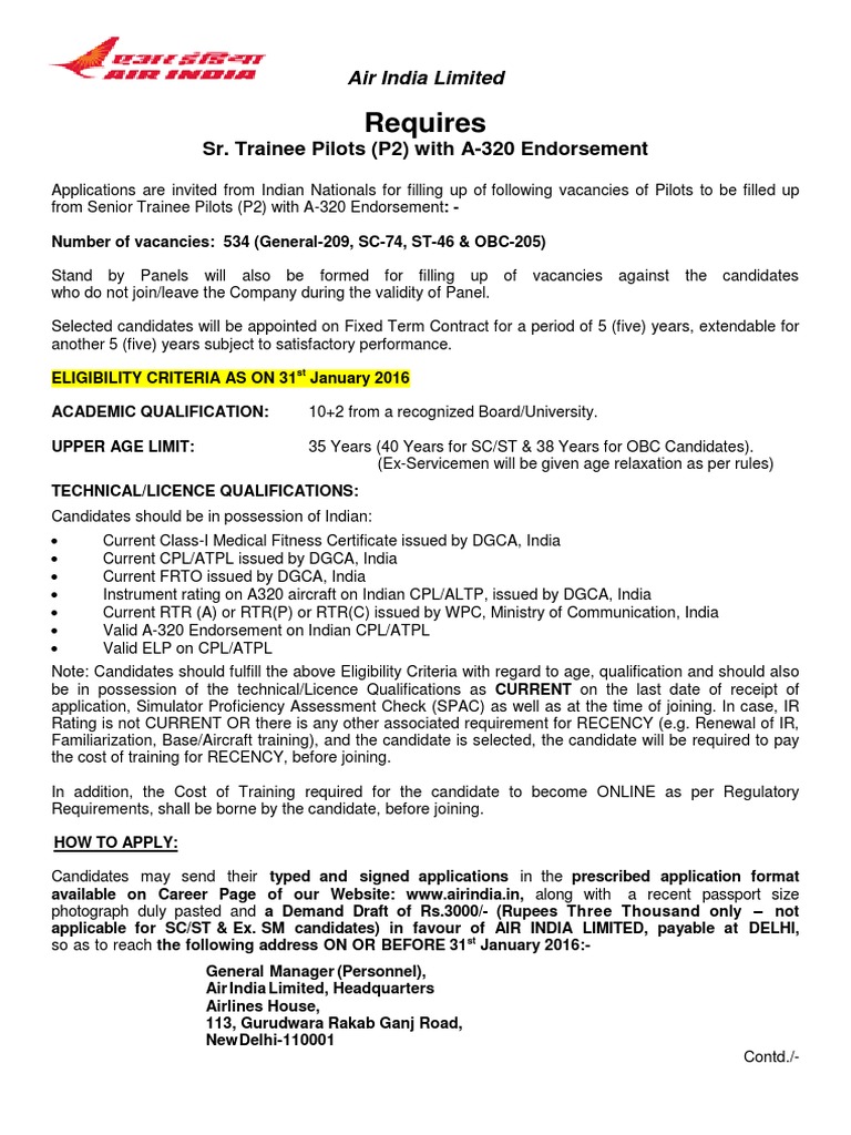 Air India Sr. Trainee Pilot Vacancies | PDF | Guarantee | Government