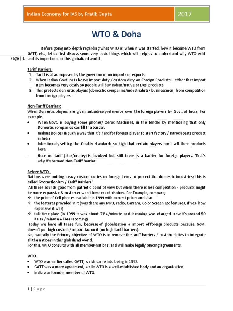 WTO - Faculty Notes | PDF | Doha Development Round | World Trade ...