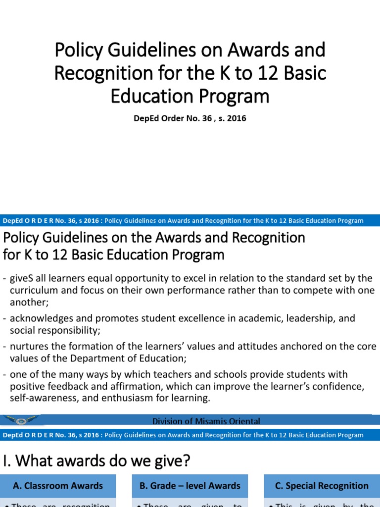 Policy Guidelines on Awards and Recognition for the K to 12 Basic