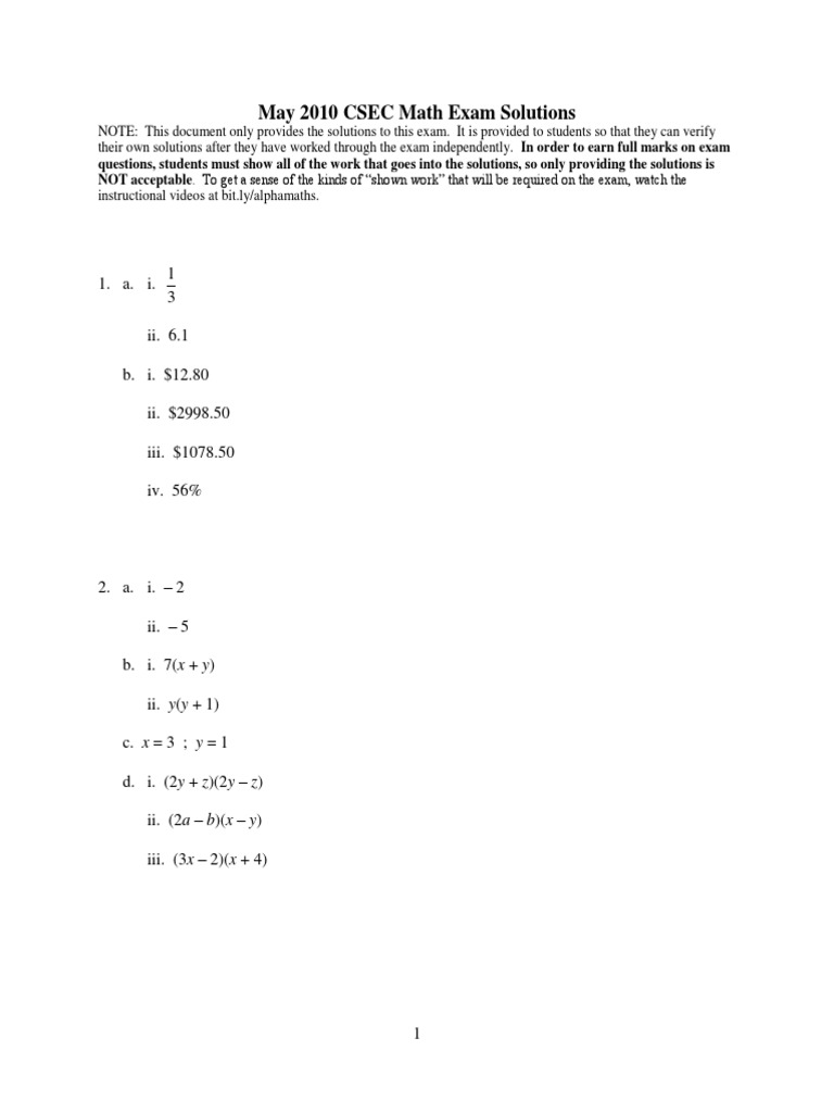 May 2010 CSEC Math Exam Solutions PDF | PDF