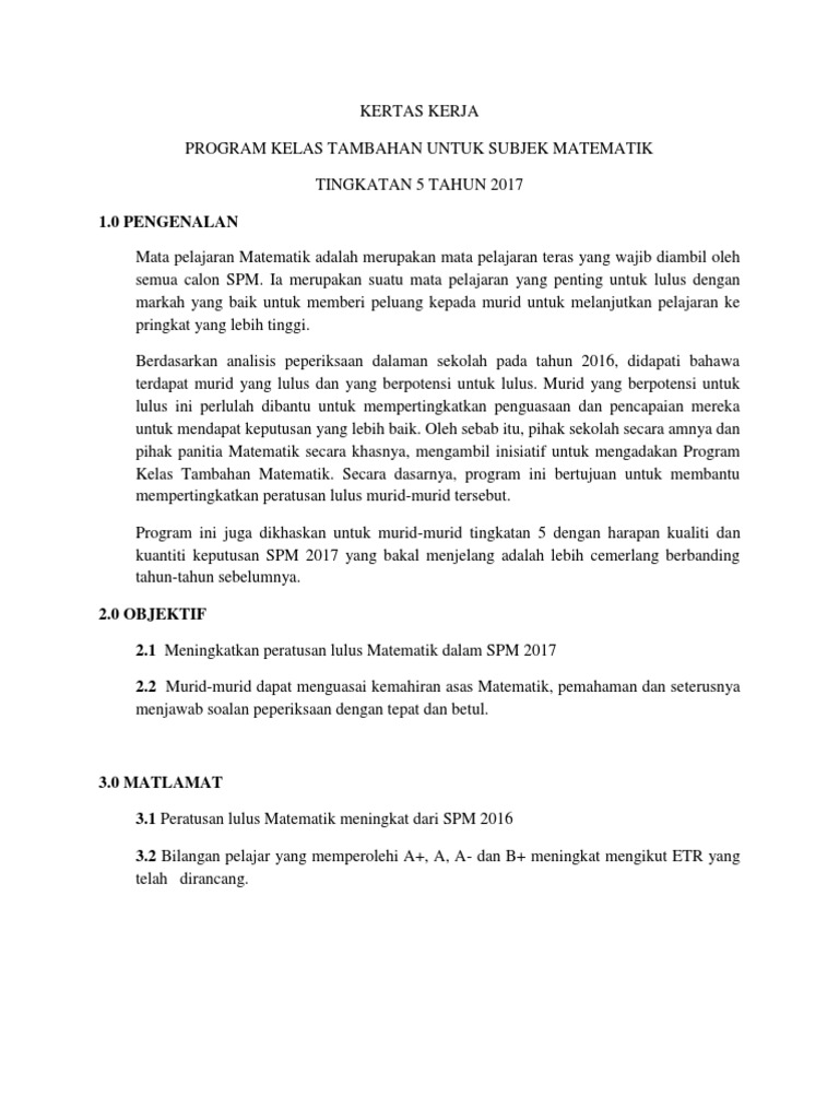 Kertas Kerja Kelas Tambahan Math 2017 1 Pdf