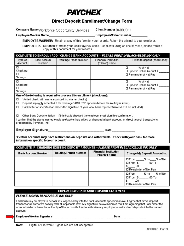 WOSPaychex Direct Deposit Form 2014 PDF Cheque Deposit Account