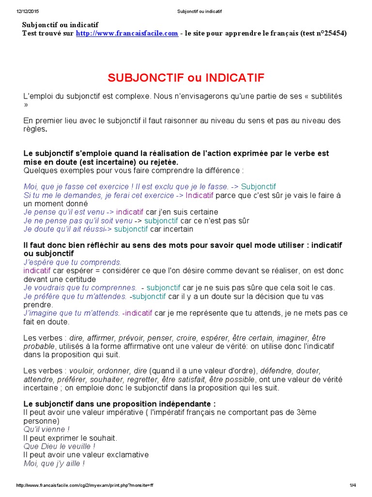 Subjonctif Ou Indicatif