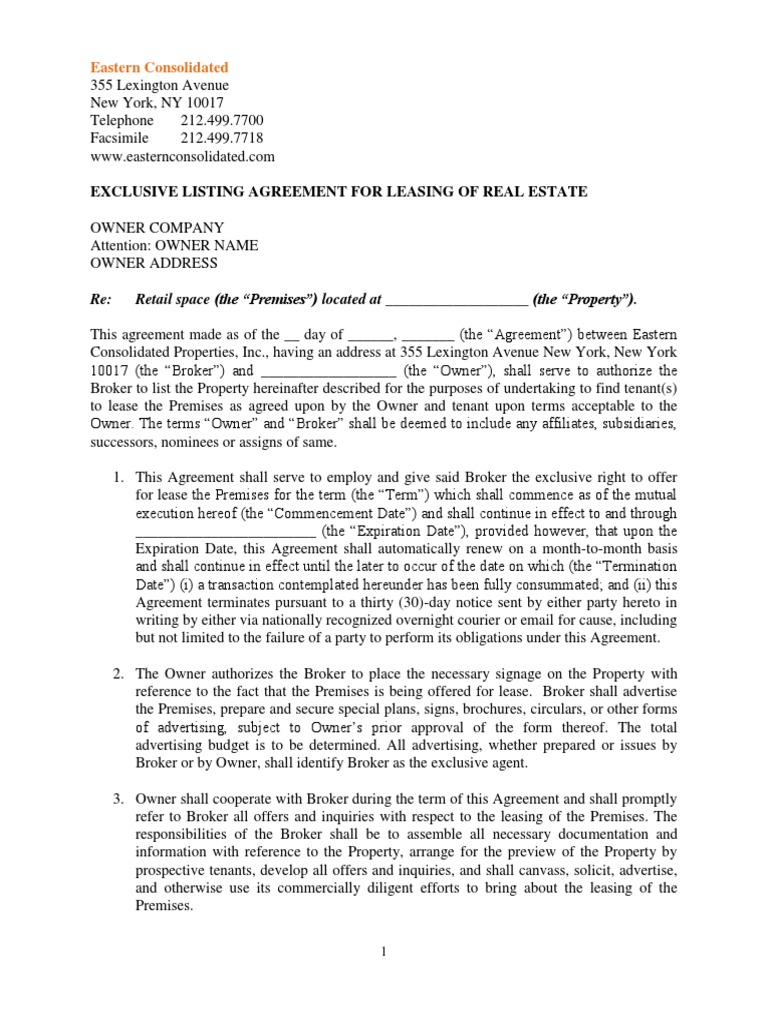 exclusive lease listing agreement 1 lease leasehold