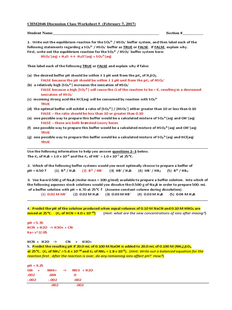 Worksheet 11 (Acids-Bases III) With Answers  Acid  Buffer Solution Intended For Acid Base Reaction Worksheet