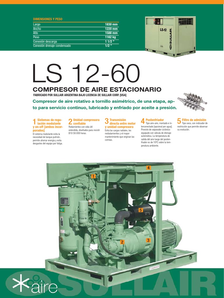 Ficha Técnica Compresor de Aire Sullair LS 12 60 PDF Compresor de