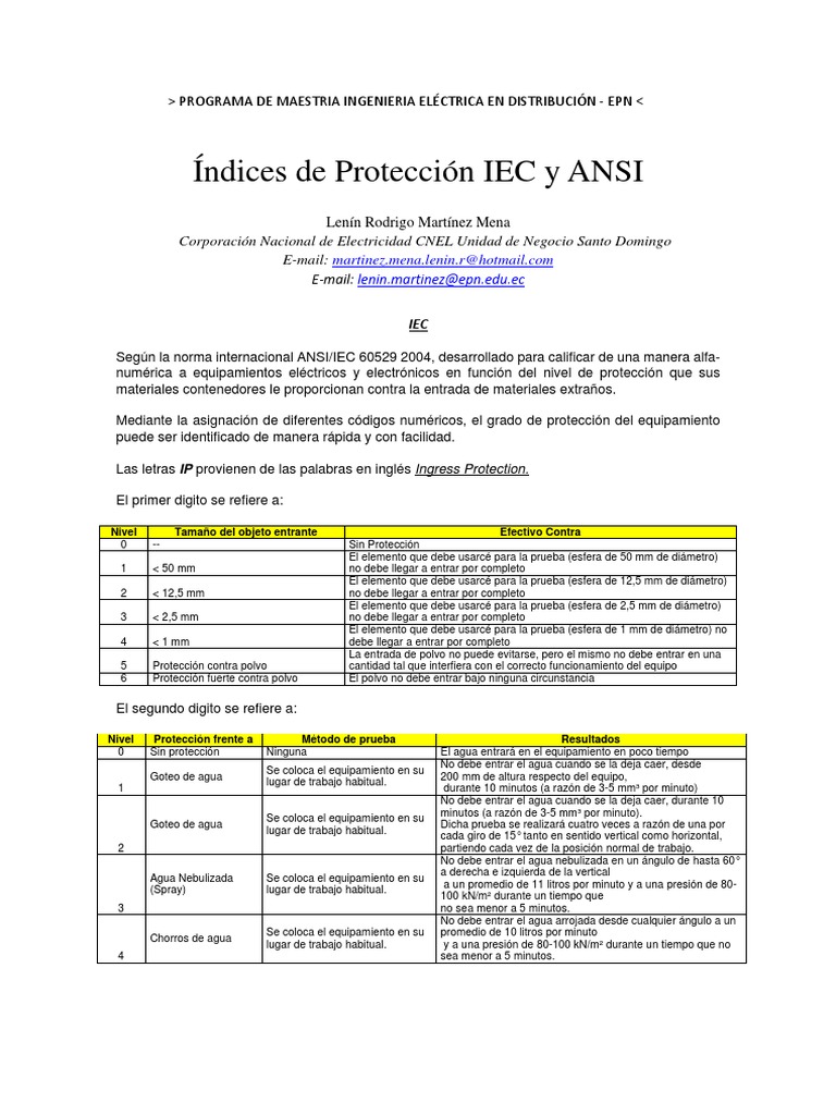 Índices de Protección IEC y ANSI | PDF | Vatio | Energia electrica